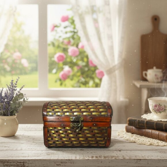 Rare Vintage Woven Wood & Brass Strip Box Unique Antique Keepsake Chest Artisan - Picture 1 of 8